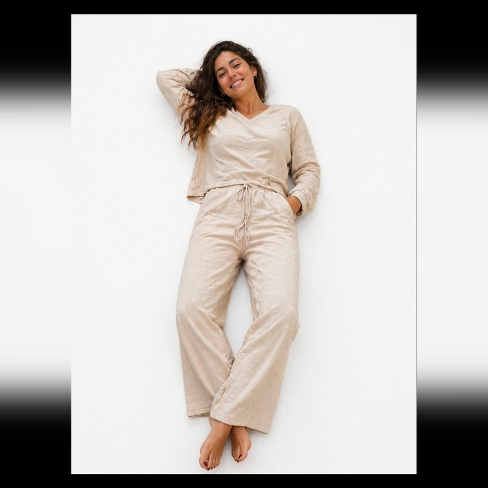 Cozy Beige Lounge Set - V-Neck Top & Drawstring Pants